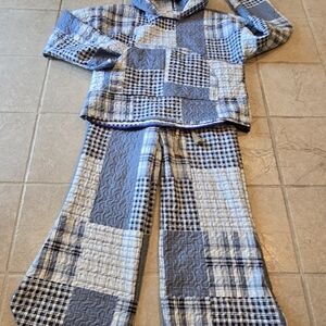 Upcycled Blue Quilt Hoodie & Barrel Pants Set L-2X Handmade Dont Throw It Out